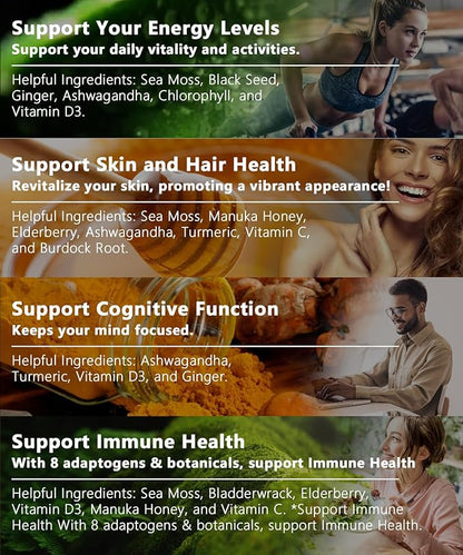 Sea Moss Capsules Complex with Black Seed Oil,Aşhwagandha,Burdock Root,Bladderwrack Ginger Vitamins Multimineral Supplement - Irish Wild Seamoss Pills Advanced Blend for Men&Women (150 Capsules)