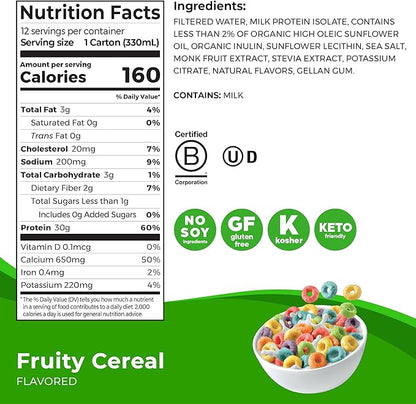 Orgain 30g High Protein Shake, Dairy Isolate Milk Protein, Fruity Cereal, 6g BCAAs, <1g Sugar Per Serving, Meal Replacement, Ready to Drink, Keto Friendly, Gluten-Free 11 Fl Oz (Pack of 12)