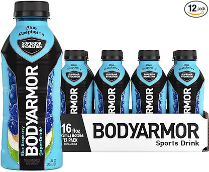 BODYARMOR Sports Drink Sports Beverage, Blue Raspberry, Natural Flavors With Vitamins, Potassium-Packed Electrolytes, No Preservatives, Perfect For Athletes, 16 Fl Oz (Pack of 12)