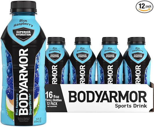 BODYARMOR Sports Drink Sports Beverage, Blue Raspberry, Natural Flavors With Vitamins, Potassium-Packed Electrolytes, No Preservatives, Perfect For Athletes, 16 Fl Oz (Pack of 12)