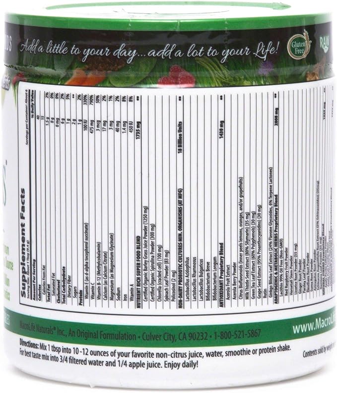 MacroLife Naturals Macro Greens Powder 38 Superfood Probiotic Antioxidant Enzyme & Herbal Supplement Immunity Energy Cleanse - Non-GMO Vegan Gluten-Free Dairy-Free - 2 oz (6 Servings)