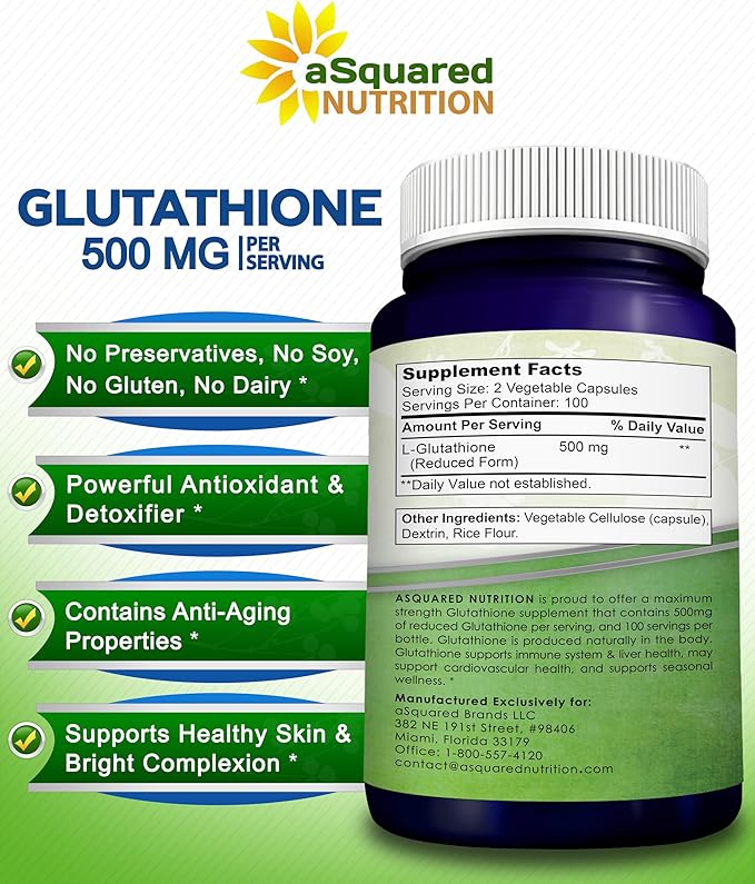 aSquared Nutrition Reduced Glutathione 500mg Per -200 Capsules
