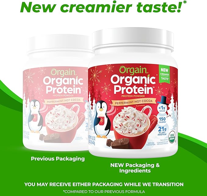 Orgain Organic Vegan Protein Powder, Peppermint Hot Cocoa Seasonal Holiday Flavor - 21g of Plant Based Protein, Non Dairy, Gluten Free, 2g of Fiber, No Sugar Added, Soy Free, Non-GMO, 1.02 Lb
