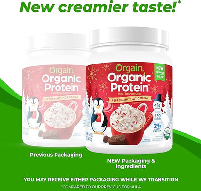 Orgain Organic Vegan Protein Powder, Peppermint Hot Cocoa Seasonal Holiday Flavor - 21g of Plant Based Protein, Non Dairy, Gluten Free, 2g of Fiber, No Sugar Added, Soy Free, Non-GMO, 1.02 Lb