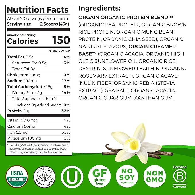 Orgain Organic Vegan Protein Powder, Vanilla Bean 21g Plant 6g Prebiotic 2.03 lb