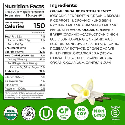 Orgain Organic Vegan Protein Powder, Vanilla Bean 21g Plant 6g Prebiotic 2.03 lb
