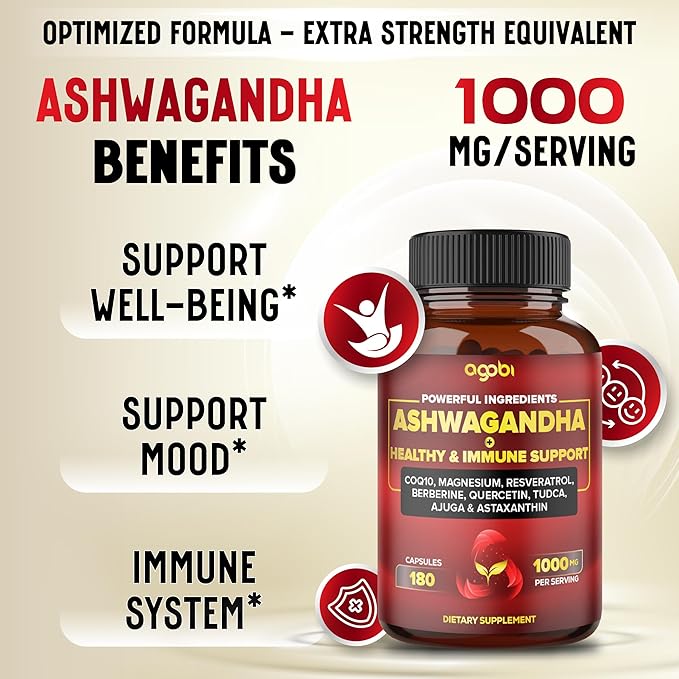 Ashwagandha Capsules w Healthy Support & CoQ10, Magnesium 180 Pills