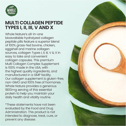 Multi Collagen Protein Peptides Supplement Capsules - 1800mg Collagen Complex Types I, II, III, V, X - Joint Support, Healthy Hair, Skin, Nails, Beauty Vitamins, 100% Natural, Non-GMO 90ct (1)