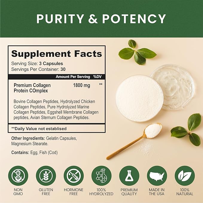 Multi Collagen Protein Peptides Supplement Capsules 1800mg Collagen 100% Natural, 90ct (1) (1)