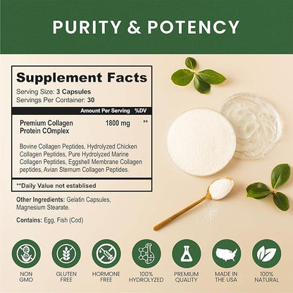 Multi Collagen Protein Peptides Supplement Capsules 1800mg Collagen 100% Natural, 180ct (2) (2)