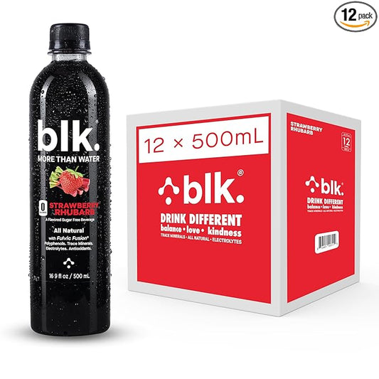 blk. Natural Mineral Alkaline Water Electrolyte Infused with Fulvic and Amino Acids, Zero Sugar, Strawberry Rhubarb Flavored, 16.9 oz. (500 mL), 12 Pack