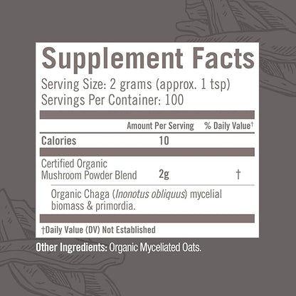 OM MUSHROOM SUPERFOOD Chaga Organic Mushroom Powder, 7.05 Ounce Pouch, 100 Servings, US Grown, Sacred Antioxidants & Immune Support, Superfood Mushroom Supplement