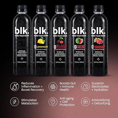 blk. Natural Alkaline Mineral Water Electrolyte Infused with Fulvic and Amino Acids, Zero Sugar Drink, Strawberry Rhubarb Flavored, 1 Liter, Pack of 12