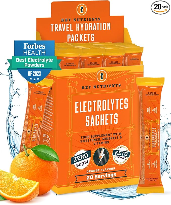 KEY NUTRIENTS Multivitamin Electrolytes Powder Packets - Tangy Orange Post Workout and Recovery 20 Pack Hydration Packets - Travel Hydration Powder - No Sugar, No Calories