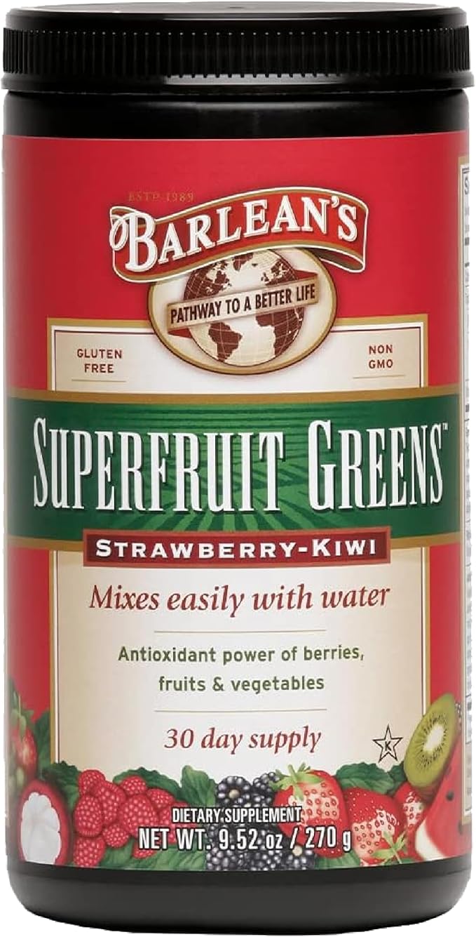 Barlean's Strawberry Kiwi Superfruit Greens Powder, Daily Fruits and Veggies Superfood Supplement, Green Antioxidant Blend and Fiber Super Power Smoothie Mix, 9.52 oz
