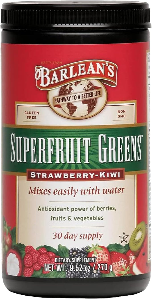 Barlean's Strawberry Kiwi Superfruit Greens Powder, Daily Fruits and Veggies Superfood Supplement, Green Antioxidant Blend and Fiber Super Power Smoothie Mix, 9.52 oz