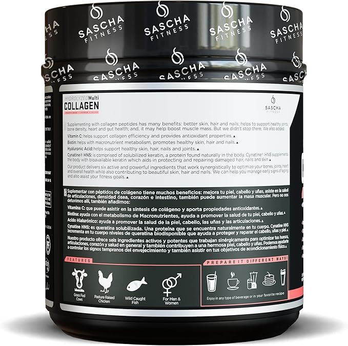 SASCHA FITNESS Hydrolyzed Multi Collagen Peptides 1,2 & 3 |Hyaluronic