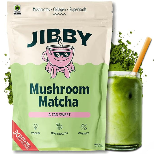 JIBBY Mushroom Matcha Super Latte - Ceremonial Grade Green Tea Organic Matcha Powder, Collagen, MCT Oil, Superfood Mushrooms, Matcha Latte Collagen Powder, Matcha Powder (A Tad Sweet, 30 Servings)