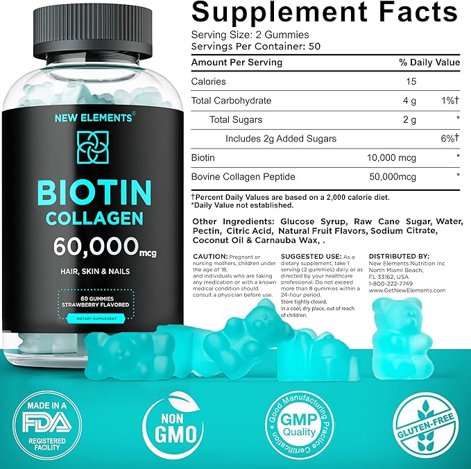 Biotin & Collagen Peptides Gummies 50000mcg + 10000mcg Chewable B7 for