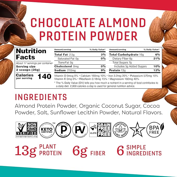 Chocolate Almond Protein Powder, 21 Ounce, 13g Plant 17 Servings