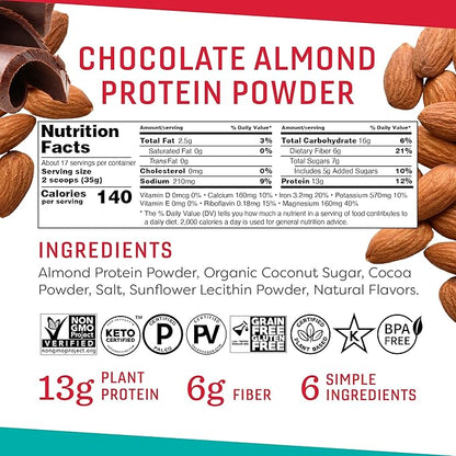 Chocolate Almond Protein Powder, 21 Ounce, 13g Plant 17 Servings