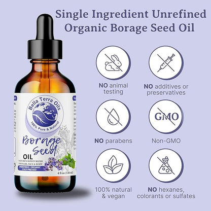 Bella Terra Oils - Organic Borage Seed Oil 4oz - Full of GLA, Embrace The Essence of Pure Organic Borage, Rich in Vitamins A & C, A Natural Boost for Skin's Vitality