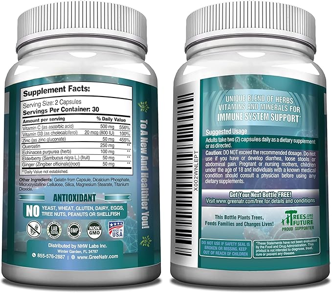7 in 1 Immune Support Supplement D3, Zinc 50mg, Quercetin, 60 Capsules (6 Bottles)