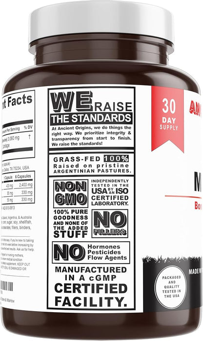 Ancient Origins Grass Fed Bone Marrow Supplement, 3060mg, Skin, Oral Health, and Joint Support Supplement, Promotes Whole-Body Wellness, Non GMO Whole Bone Extract, 180 Capsules