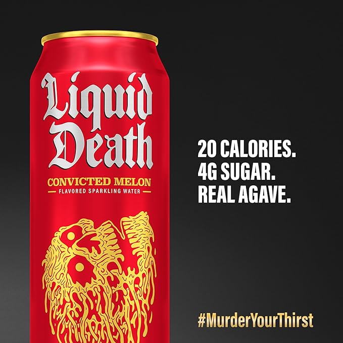 Liquid Death, Convicted Melon Sparkling Water, 8-Pack (King Size 19.2oz Cans), Watermelon Flavored Sparkling Beverage Sweetened With Real Agave, Low Calorie & Low Sugar