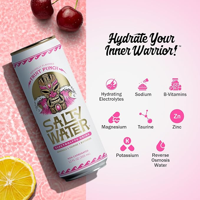 SaltyWater Electrolyte Drink, Fruit Punch – Zero Sugar Premium Hydration Drink, 10 Calories, Minerals, Taurine, B-Vitamins, Non-Carbonated - Zero Caffeine Electrolyte Sports Drink - Keto, Paleo, Vegan - 12 Pack (12 oz)