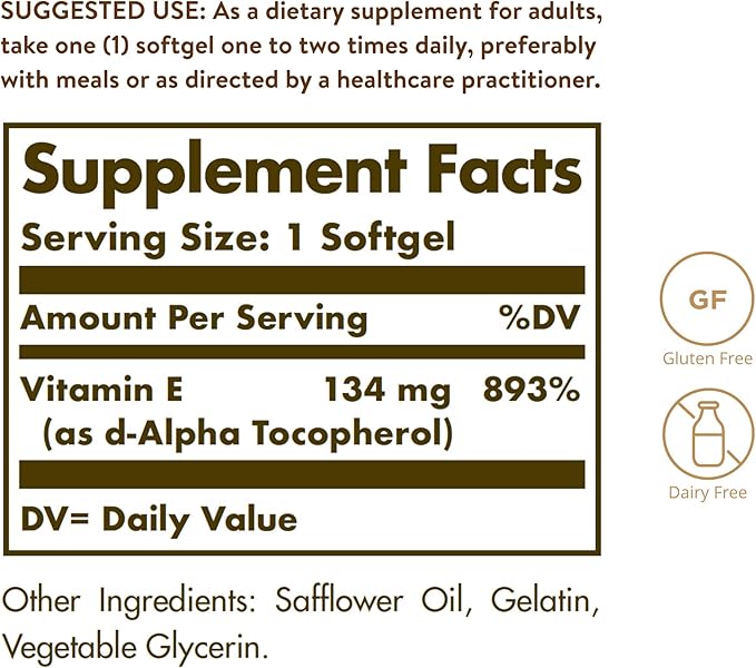 Solgar Vitamin E 200 IU Alpha, 100 Softgels 100 Servings