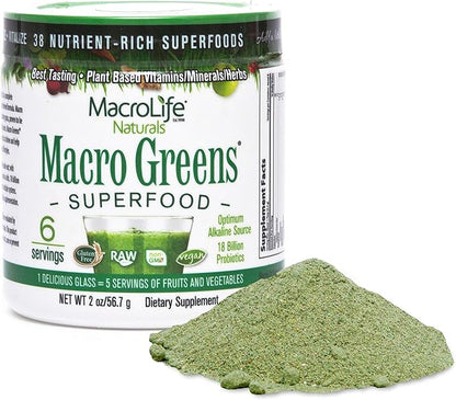 MacroLife Naturals Macro Greens Powder 38 Superfood Probiotic Antioxidant Enzyme & Herbal Supplement Immunity Energy Cleanse - Non-GMO Vegan Gluten-Free Dairy-Free - 2 oz (6 Servings)