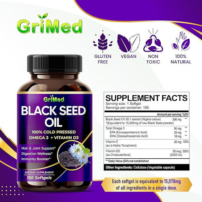 Black Seed Oil 15,070mg 100% Cold 3, Vitamin D3, and (150 Count 1))