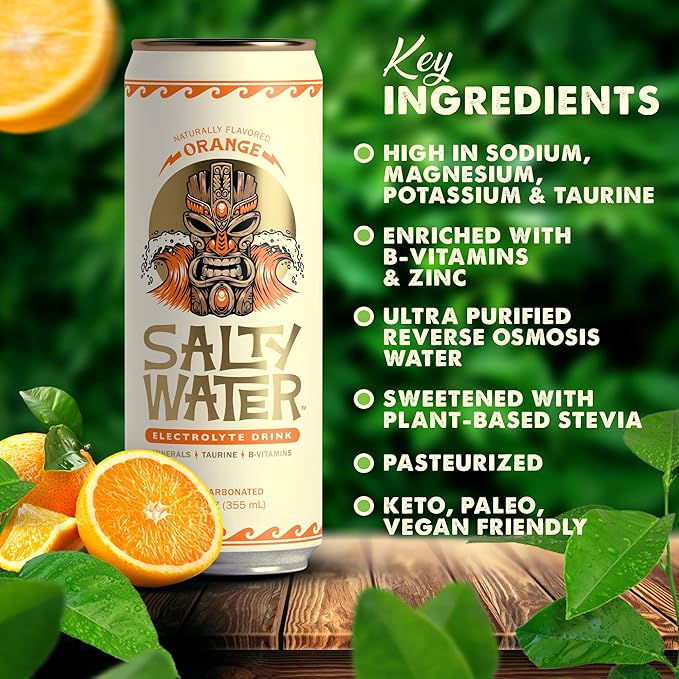 SaltyWater Electrolyte Drink, Orange – Zero Sugar Premium Hydration Drink, 10 Calories, Minerals, Taurine, B-Vitamins, Non-Carbonated - Zero Caffeine Electrolyte Sports Drink - Keto, Paleo, Vegan - 12 Pack (12 oz)