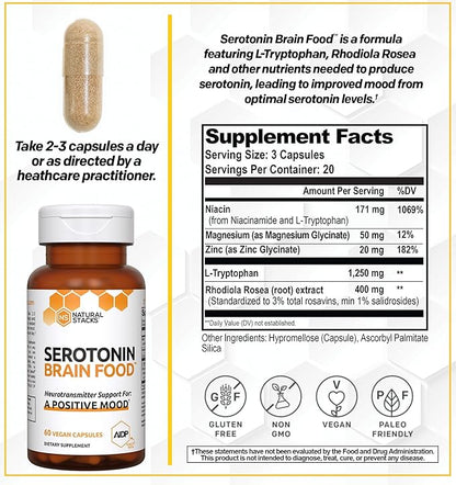 NATURAL STACKS Serotonin Brain Food w/L-Tryptophan & Rhodiola Rosea - Mood Support Supplement - Promotes Positive Mood, Calmness, Stress Relief - Happy Mood & Brain Support Supplement - 60 Capsules