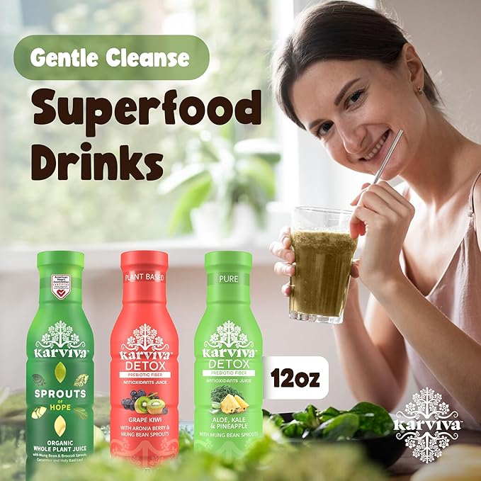 Karviva Organic Detox Juice Variety Pack – Ancient Remedies for Gentle Detox & Healthy Digestion, Low-Sugar Juice Cleanse with Sprouts, Electrolytes, Prebiotics, Antioxidants (6 Bottles, 12 oz Each)