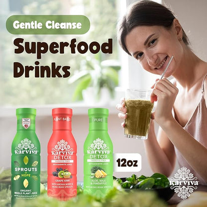 Karviva Organic Detox Juice Variety Pack – Ancient Remedies for Gentle Detox & Healthy Digestion, Low-Sugar Juice Cleanse with Sprouts, Electrolytes, Prebiotics, Antioxidants (6 Bottles, 12 oz Each)