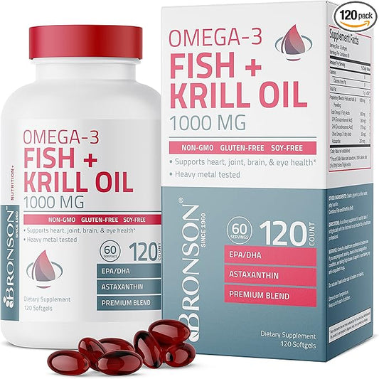 Bronson Omega-3 Fish + Krill Oil 1000 MG 120 Softgels