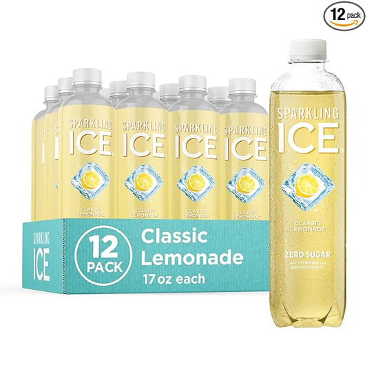 Sparkling Ice, Classic Lemonade Sparkling Water, Zero Sugar Flavored Water, with Vitamins and Antioxidants, Low Calorie Beverage, 17 oz Bottles (Pack of 12)