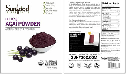 Sunfood Superfoods Organic Acai Powder - Acai Powder Organic, Acai Powder for Smoothie Bowles, Dried Acai Berry Mix with Antioxidants & Vitamin C, 100% Pure, USDA Organic, Non GMO - 4 Oz Bag