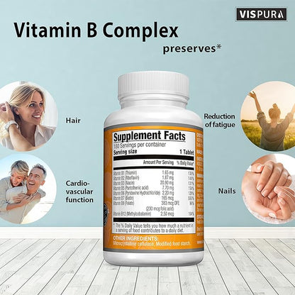 Vitamin B-Complex, 180 Vegan Tablets, All B Vitamins Including B12, B1, B2, B3, B5, B6, B7, B9, Folic Acid, for Stress, Energy and Healthy Immune System*, Natural Supplement Without Additives