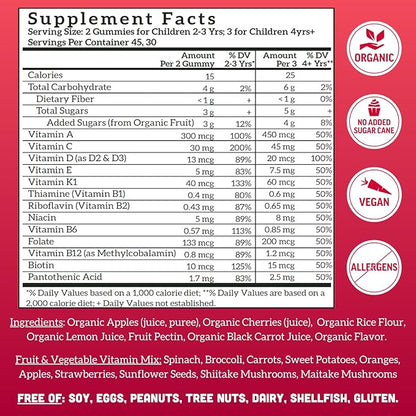Real Fruit Gummy Vitamins for Kids, No Added Sugar Cane, Beta Carotenes, Whole Food Multivitamin, Vegan Toddler Gummies, Plant Based, Organic, Chewable 90 ct (30-45 Days) Cherry (2 Pack)