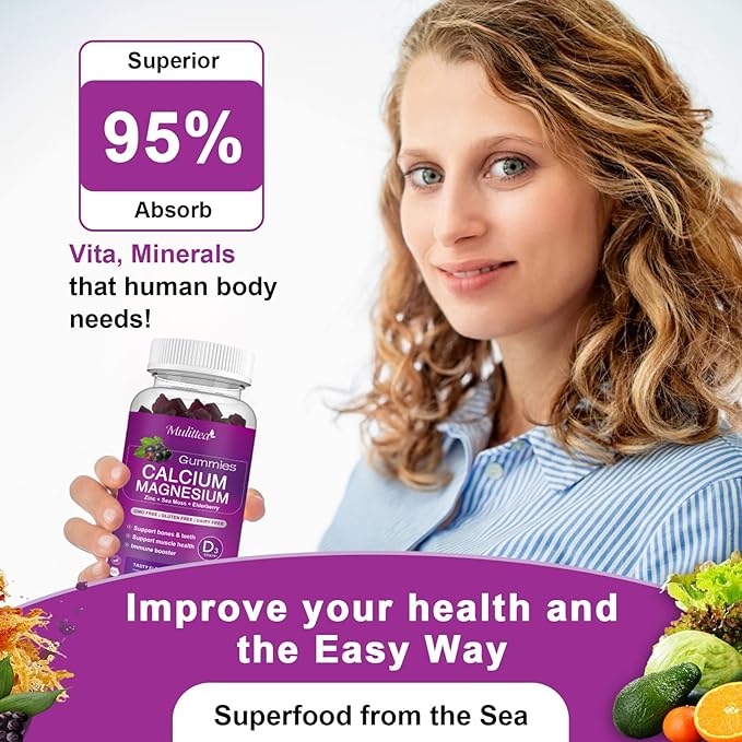 Calcium Magnesium Zinc Gummes with Magnesium 200mg, Potassium D3, 60veggie 60veggie Whole
