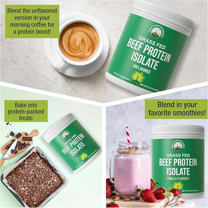 Grass Fed Beef Protein Powder - Lactose Free Great Tasting Beef Protein Isolate. Complete Animal Based Non Dairy Paleo Carnivore Supplement for Prime Muscle Building. No Whey. Vanilla Flavor