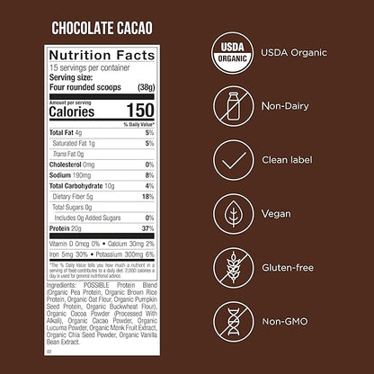 Possible Protein Powder Chocolate Cacao - 20g of Vegan, Plant-Based Protein Mix - Non-GMO, Non-Dairy, Gluten-Free - 3.5g of BCAAs - 9 Essential Amino Acids - 15-Day Supply - 1 Bag, 15 Servings
