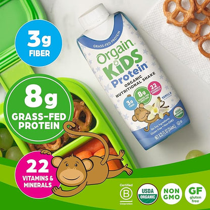 Orgain Organic Kids Nutritional Protein Shake, 8g Dairy 3g Fiber, 22 Vitamins 8.25 Fl (4 Pack)