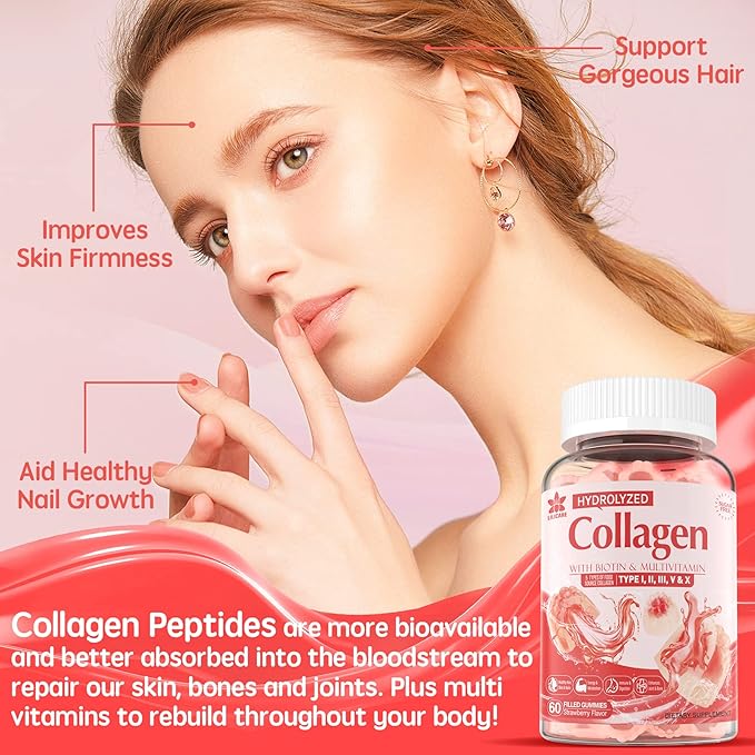 Sugar-Free Hydrolyzed Collagen Peptide Filled Gummies,Extra 1500mg Protein 5000mcg Biotin D3 B6 B6 B12 B12 for