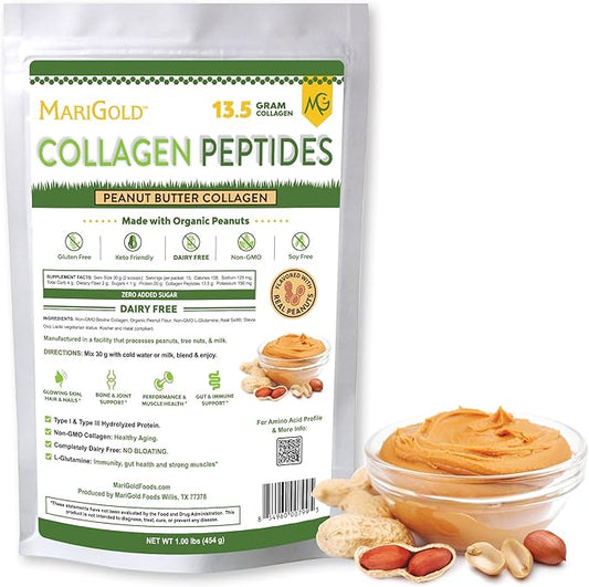 MariGold Grass-fed Collagen Peptides Powder Peanut 1LB - 100% Pure,
