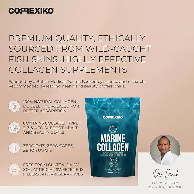 CORREXIKO Marine Collagen Powder Supplement Unflavored 10,000mg Double 15oz, 42 42 Servings