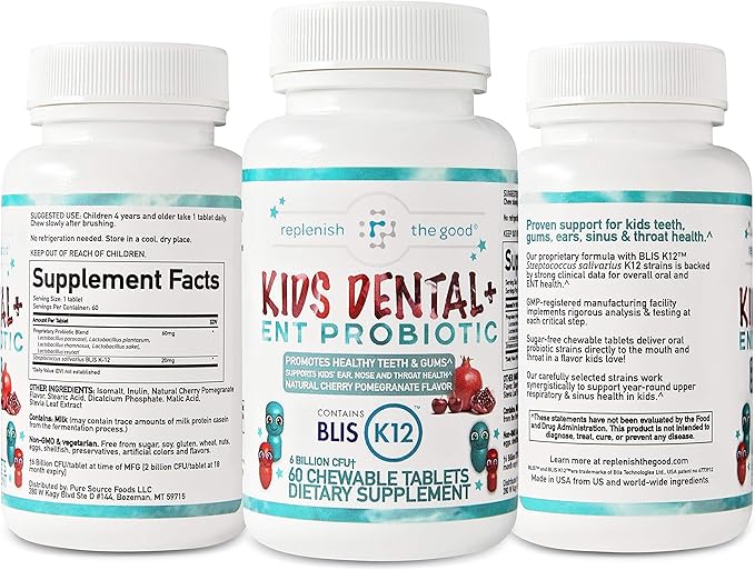 Children's Probiotics, 60 Cherry-Pomegranate Chewables - Easy to Swallow, Helps Digestive & Immune Support, Oral Probiotics for Healthy Teeth and Gums, Bad Breath & ENT Support